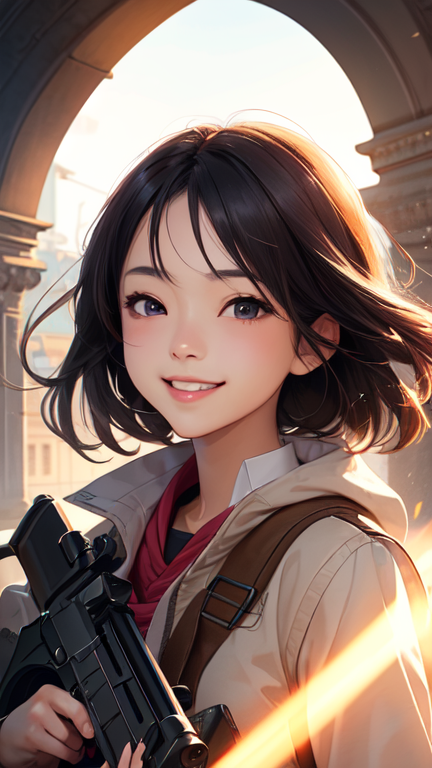 00576-645513311-illustration of a girl smiling holding a gun, drawn by mai yoneyama, and mitsume takahashi, detailed, dynamic lighting, pixiv ar.png